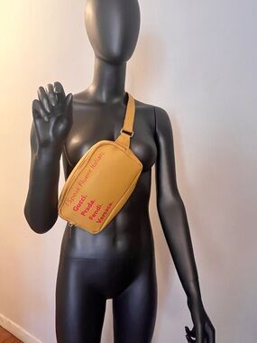 Yellow Crossbody Belt Bag with Red Text